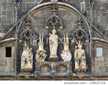 Decorative Sculptures On Church Exterior. Historical Stone Figures With Detailed Heraldic Emblems 139025159