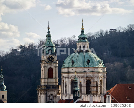 Historic Church Architecture. Vertical View Of Historic Church With Intricate Copper And Stone Design Historic Church Architecture. Vertical View Of Historic Church With Intricate Copper And Stone Design 139025208