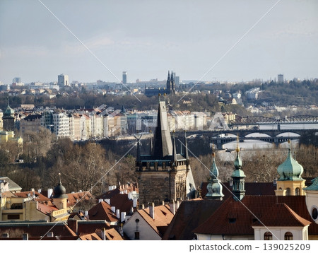 Scenic River Landscape. Bridge And Tower Cityscape. Waterfront View With Spires And Horizon 139025209