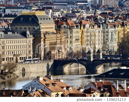 Vivid Depiction Of City Riverfront Showcasing Elaborate Theaters And Bustling Promenade Activity 139025213