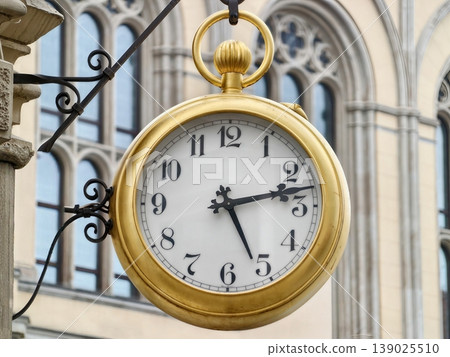 Ancient Clock Adorns Urban Stone Wall. Antique Hanging Clock Sets Charm On Aged Stone Facade Ancient Clock Adorns Urban Stone Wall. Antique Hanging Clock Sets Charm On Aged Stone Facade 139025510