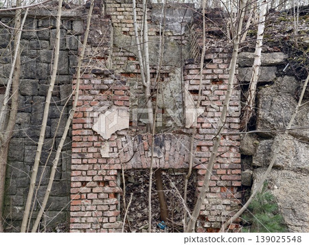 Ancient Brickwork Encroached Upon By Plants. Sunken Industrial Site Now Covered With Moss And Saplings Ancient Brickwork Encroached Upon By Plants. Sunken Industrial Site Now Covered With Moss And Saplings 139025548