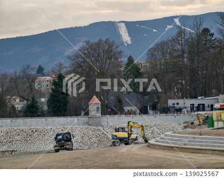 Site Development Next To Stream. Construction Activities Occurring Beside Riverbank Structure 139025567