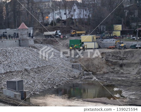Storage Near Excavation. Onsite Containers Supported By Machinery And Runoff Management Systems 139025594