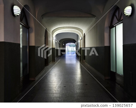 Stylish Vaulted Hallway Setting. Serene Indoor Passage With Soft Illumination And Distant Sunlight Stylish Vaulted Hallway Setting. Serene Indoor Passage With Soft Illumination And Distant Sunlight 139025657