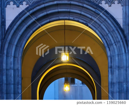 Archway With Lanterns. Ancient Arched Corridor With Lanterns And Intricate Stone Craftsmanship Archway With Lanterns. Ancient Arched Corridor With Lanterns And Intricate Stone Craftsmanship 139025660