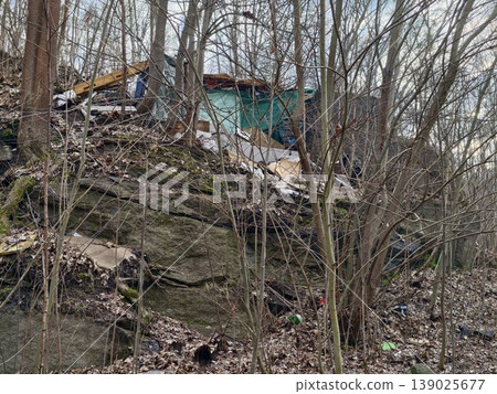 Temporary Teal Hideout Situated On Uneven Terrain Amidst Leaf Litter And Remnants Of Human Presence Temporary Teal Hideout Situated On Uneven Terrain Amidst Leaf Litter And Remnants Of Human Presence 139025677