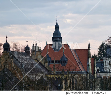 Scenic View Of Historic City Under Soft Evening Glow Showcasing Detailed Gables And Tower Structures 139025710