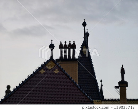 Detailed Ridge Patterns And Ornate Cresting With Gilded Touches Against Gentle Sky Backdrop Detailed Ridge Patterns And Ornate Cresting With Gilded Touches Against Gentle Sky Backdrop 139025712