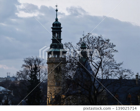 Peaceful Twilight View Of Historic Stone Building Surrounded By Leafless Trees And Cloudy Blue Sky Peaceful Twilight View Of Historic Stone Building Surrounded By Leafless Trees And Cloudy Blue Sky 139025714