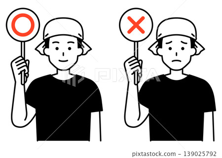 A male employee of an izakaya (Japanese pub) holding up a sign with a circle and cross mark. 139025792