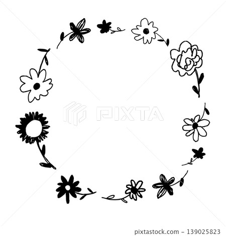 Hand-drawn floral wreath monochrome frame. Simple and natural line drawing sketch circular decorative illustration material. Hand-drawn floral wreath monochrome frame. Simple and natural line drawing sketch circular decorative illustration material. 139025823