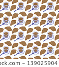 Freehand Coffee cup on saucer in Mediterranean style and Croissant Seamless Pattern Coffee Backdrop. Isolated Vector illustration Coffee Day or International Croissant Day Promo Banner Background idea 139025904