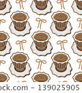 Hand drawn coffee cup seamless pattern. Mediterranean cafe doodle vector with ribbons and saucers. Isolated Vector illustration Mood Motivation or Coffee Thematic Card Banners, leaflets, label, price 139025905