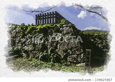 Watercolor-style painting of the Usuki Castle ruins, watchtower base, Usuki City, Oita Prefecture. Watercolor-style painting of the Usuki Castle ruins, watchtower base, Usuki City, Oita Prefecture. 139025907