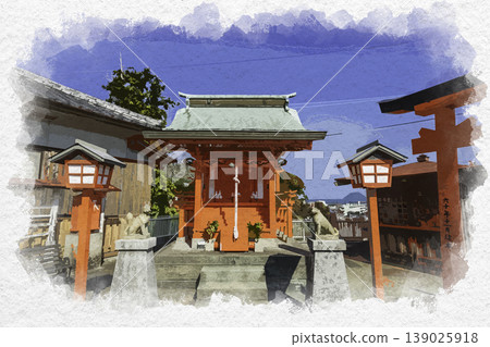 Watercolor-style painting of the Usuki Castle Ruins, Utora Inari Shrine, shrine building, Usuki City, Oita Prefecture. Watercolor-style painting of the Usuki Castle Ruins, Utora Inari Shrine, shrine building, Usuki City, Oita Prefecture. 139025918