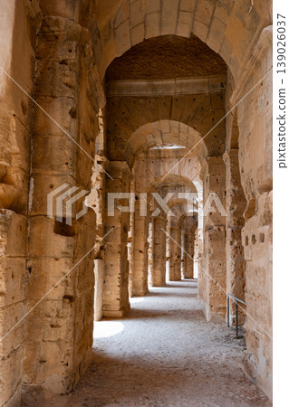 Interir of amphitheater of Roman ruins at El Jem, arches and passages, Tunisia Interir of amphitheater of Roman ruins at El Jem, arches and passages, Tunisia 139026037
