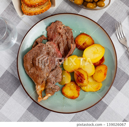 Fried beef cutlet with baked potatoes on plate Fried beef cutlet with baked potatoes on plate 139026067