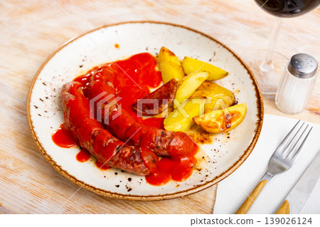 grilled sausages and slices of toasted potatoes grilled sausages and slices of toasted potatoes 139026124