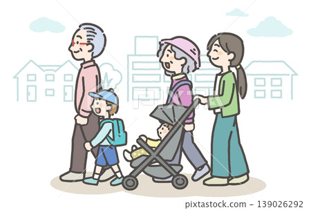 A mother pushing a baby in a stroller, an elderly couple and their child in town. A mother pushing a baby in a stroller, an elderly couple and their child in town. 139026292