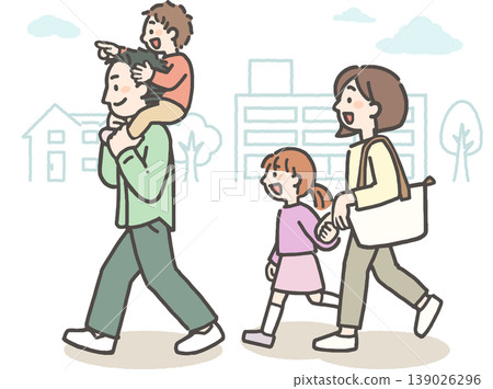 A family of four: young parents and their children out and about in town. A family of four: young parents and their children out and about in town. 139026296