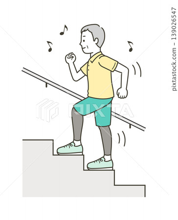 Illustration of a middle-aged man cheerfully climbing the stairs 139026547