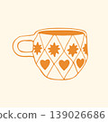 This vibrant yellow mug is adorned with a diamond harlequin pattern featuring small stars and hearts. The detailed hand drawn vector art brings a festive and romantic touch to drinkware illustrations 139026686