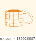 A classic yellow mug displays a hand drawn grid pattern and a large sturdy handle. The simple geometric design and warm colors make it a versatile asset for kitchen and lifestyle themed content 139026687