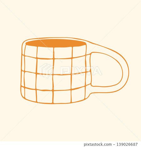 A classic yellow mug displays a hand drawn grid pattern and a large sturdy handle. The simple geometric design and warm colors make it a versatile asset for kitchen and lifestyle themed content A classic yellow mug displays a hand drawn grid pattern and a large sturdy handle. The simple geometric design and warm colors make it a versatile asset for kitchen and lifestyle themed content 139026687