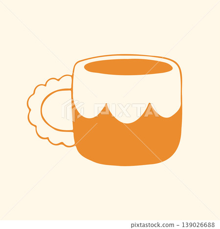 A minimalist yellow mug features a decorative scalloped handle and a clean two tone color block design. This elegant hand drawn illustration is perfect for kitchenware branding, social media graphic A minimalist yellow mug features a decorative scalloped handle and a clean two tone color block design. This elegant hand drawn illustration is perfect for kitchenware branding, social media graphic 139026688