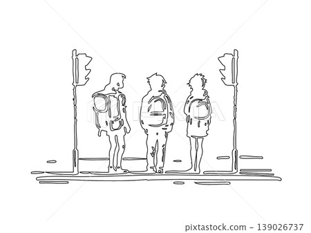 Traffic safety illustration depicting children waiting at a traffic light on their way to school. 139026737