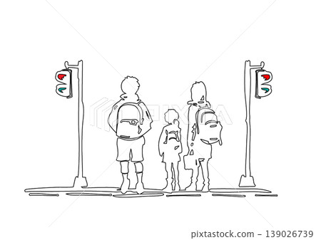 Traffic safety illustration depicting children waiting at a traffic light on their way to school. 139026739