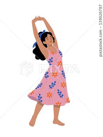 Cheerful Woman Stretching in Floral Summer Dress Flat Illustration Cheerful Woman Stretching in Floral Summer Dress Flat Illustration 139026787