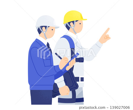 插圖顯示,現場主管和工人們都戴著頭盔和全套安全帶,正在使用平板電腦進行檢查和下達指令。 插圖顯示,現場主管和工人們都戴著頭盔和全套安全帶,正在使用平板電腦進行檢查和下達指令。 139027006