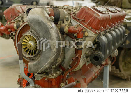 Industrial engine turbine close up with metal components and mechanical details 139027566
