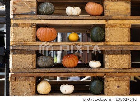 Decorative pumpkins arranged on wooden shelves for autumn harvest display 139027586