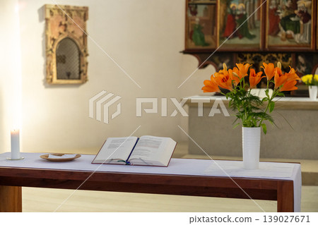 Church Interior Altar with Flowers Candle Spiritual Religion Ceremony Sacred Space 139027671