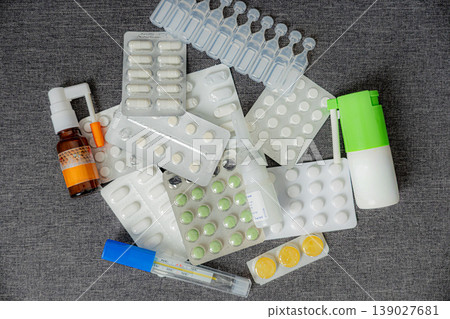 Medical Supplies Flat Lay Pills Ampoules Spray Healthcare Treatment Pharmacy Concept Medical Supplies Flat Lay Pills Ampoules Spray Healthcare Treatment Pharmacy Concept 139027681