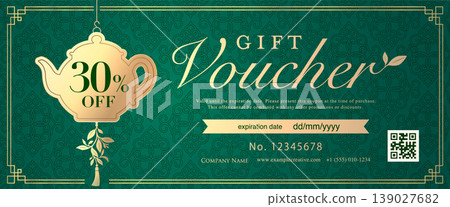 Asian Tea House Gift Certificate Template - Green and Gold Teapot Design 139027682