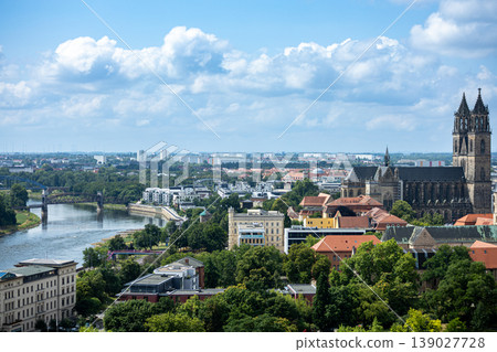 Historic European City Skyline With Cathedral River Bridge And Urban Architecture On Sunny Day  139027728