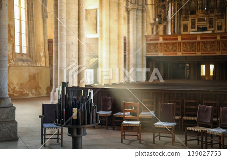 Historic Church Interior With Sunlight Ray And Wooden Chair Architecture 139027753