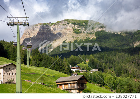 Alpine Wooden House And Mountain Gondola Lift In Scenic Forest Landscape 139027771