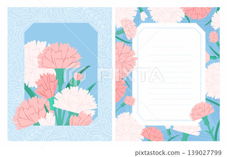 Pink carnation bouquet with botanical frame for greeting card Pink carnation bouquet with botanical frame for greeting card 139027799