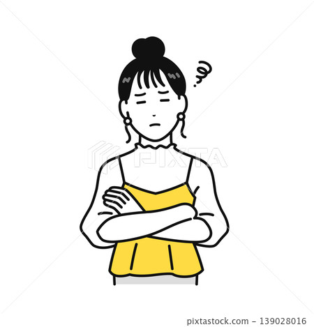 插圖描繪了一位年輕女子,她雙臂交叉在胸前,頭微微側傾,頭髮扎了起來。 插圖描繪了一位年輕女子,她雙臂交叉在胸前,頭微微側傾,頭髮扎了起來。 139028016