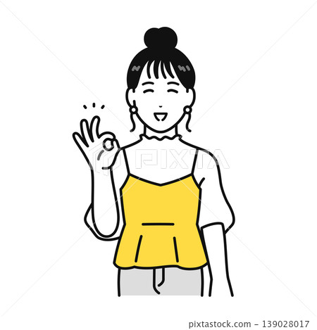 插圖:一位年輕女子頭髮紮起來,微笑地比出「OK」手勢。 插圖:一位年輕女子頭髮紮起來,微笑地比出「OK」手勢。 139028017