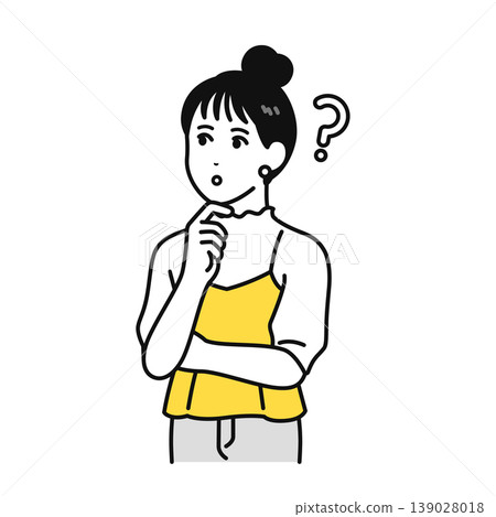 一位年輕女子頭髮束起,正在思考。 一位年輕女子頭髮束起,正在思考。 139028018