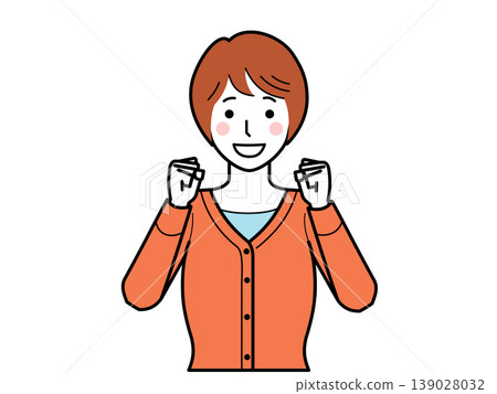 面向前方。一位身穿開襟羊毛衫的年輕女子擺出勝利姿勢。第二部分 面向前方。一位身穿開襟羊毛衫的年輕女子擺出勝利姿勢。第二部分 139028032