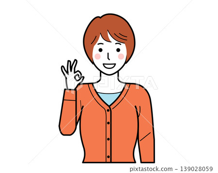Facing forward. A young woman in a cardigan making an OK sign. Part 2 Facing forward. A young woman in a cardigan making an OK sign. Part 2 139028059