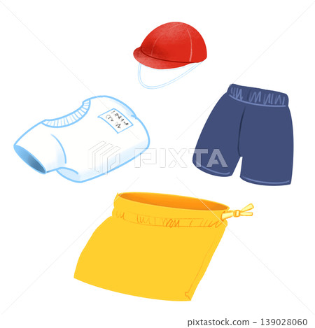 黃色運動服套裝(運動服、短褲、紅白帽子、束口袋)所需物品清單示意圖 黃色運動服套裝(運動服、短褲、紅白帽子、束口袋)所需物品清單示意圖 139028060