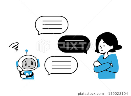一幅插圖,描繪了一位表情憂慮的女子正在與人工智慧機器人交談。 一幅插圖,描繪了一位表情憂慮的女子正在與人工智慧機器人交談。 139028104